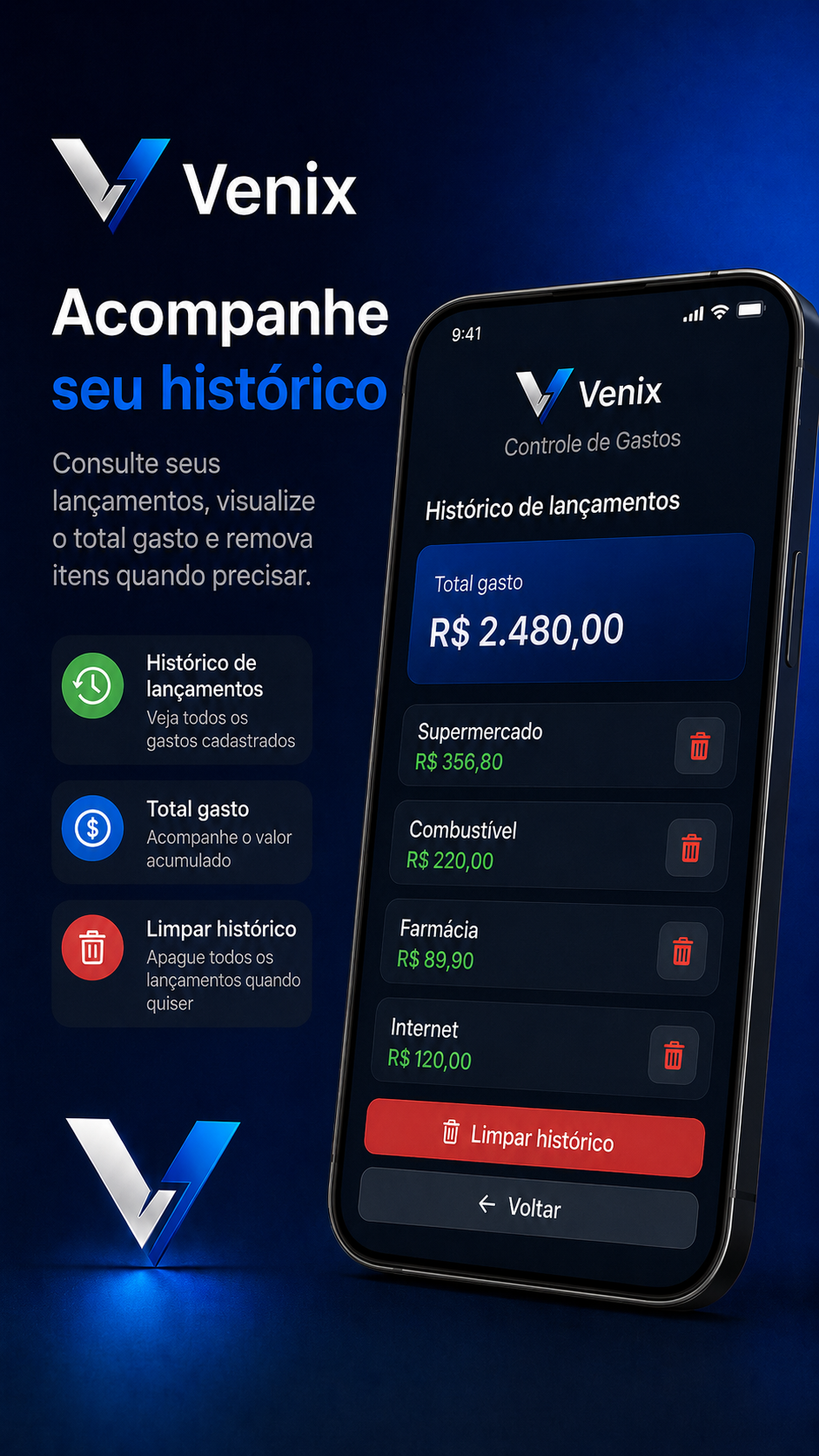 Controle de Gastos - tela de histórico