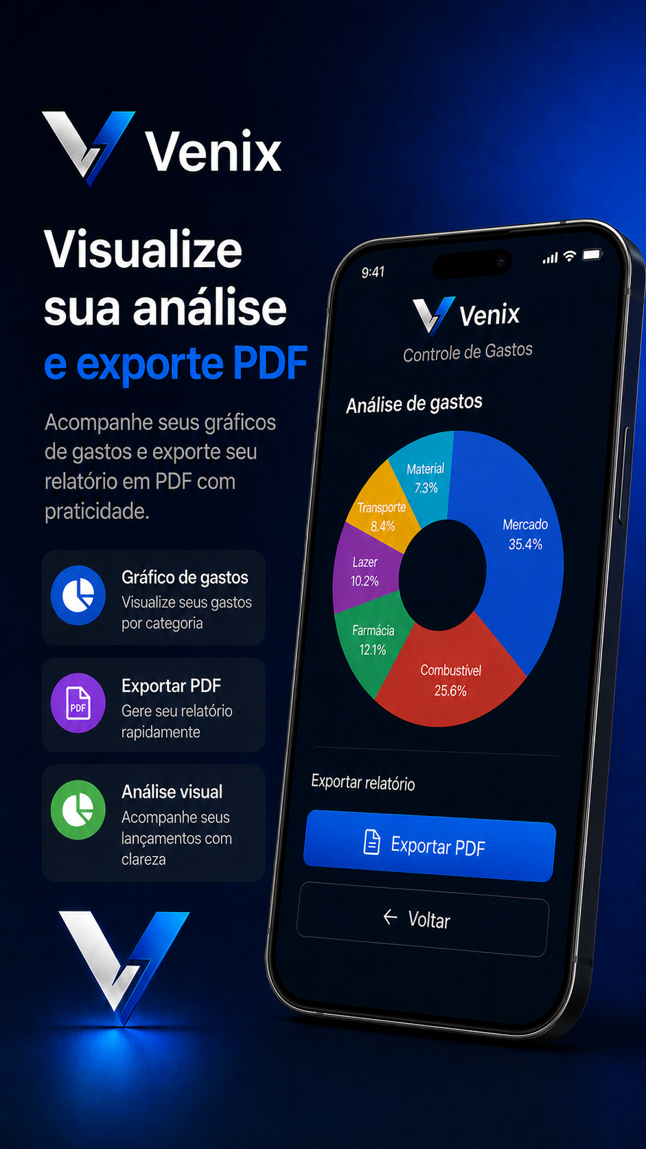 Controle de Gastos - tela de análise e exportação PDF