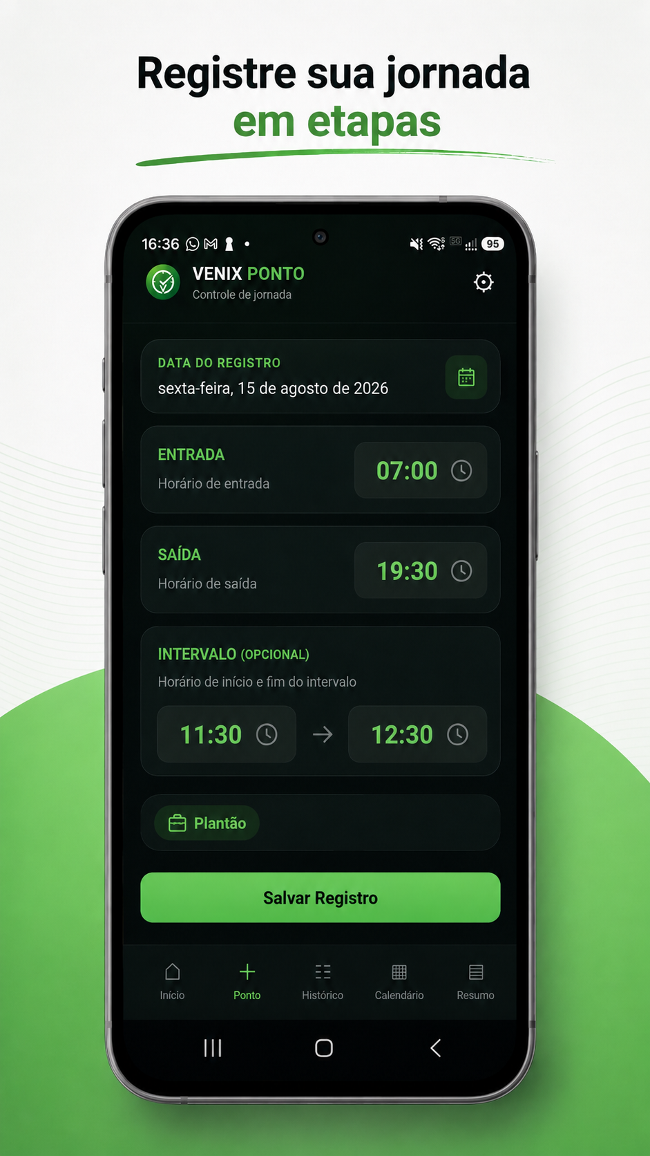 Venix Ponto - tela de registro da jornada