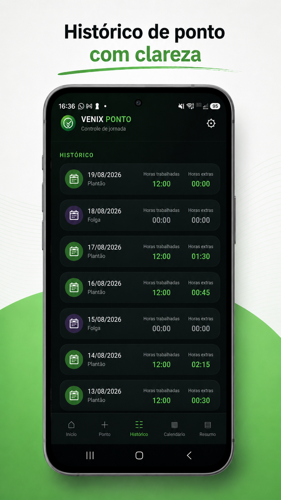 Venix Ponto - tela de histórico de ponto